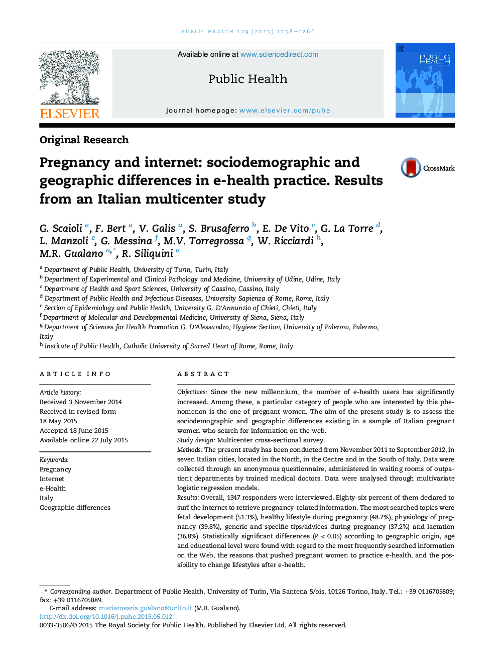 Pregnancy and internet: sociodemographic and geographic differences in e-health practice. Results from an Italian multicenter study