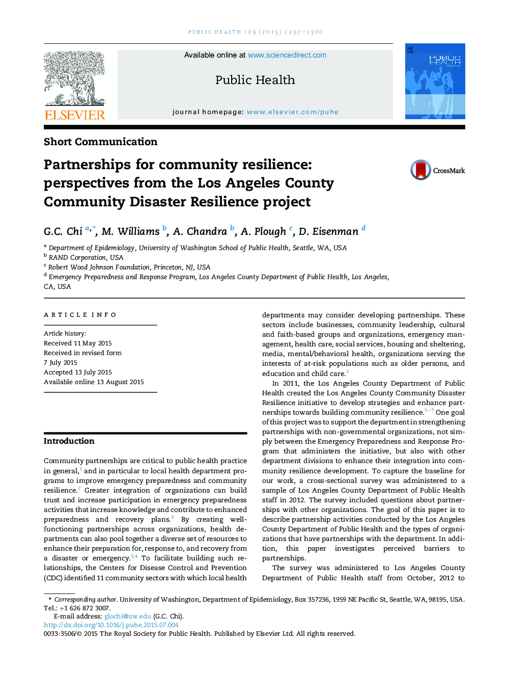 Partnerships for community resilience: perspectives from the Los Angeles County Community Disaster Resilience project