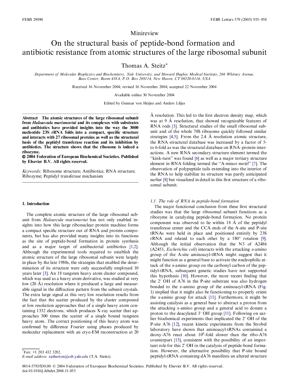 On the structural basis of peptide-bond formation and antibiotic resistance from atomic structures of the large ribosomal subunit