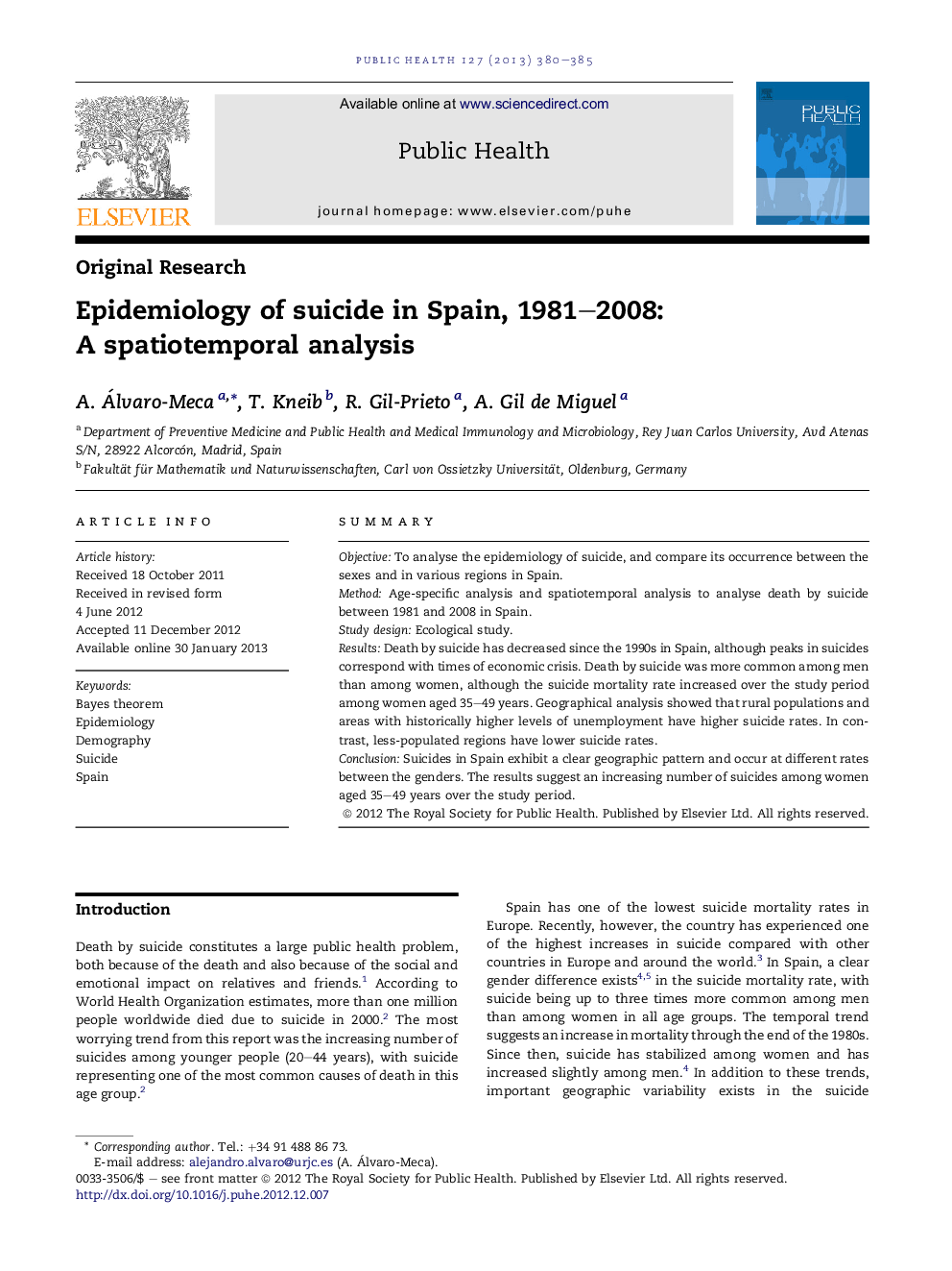 Epidemiology of suicide in Spain, 1981–2008: A spatiotemporal analysis