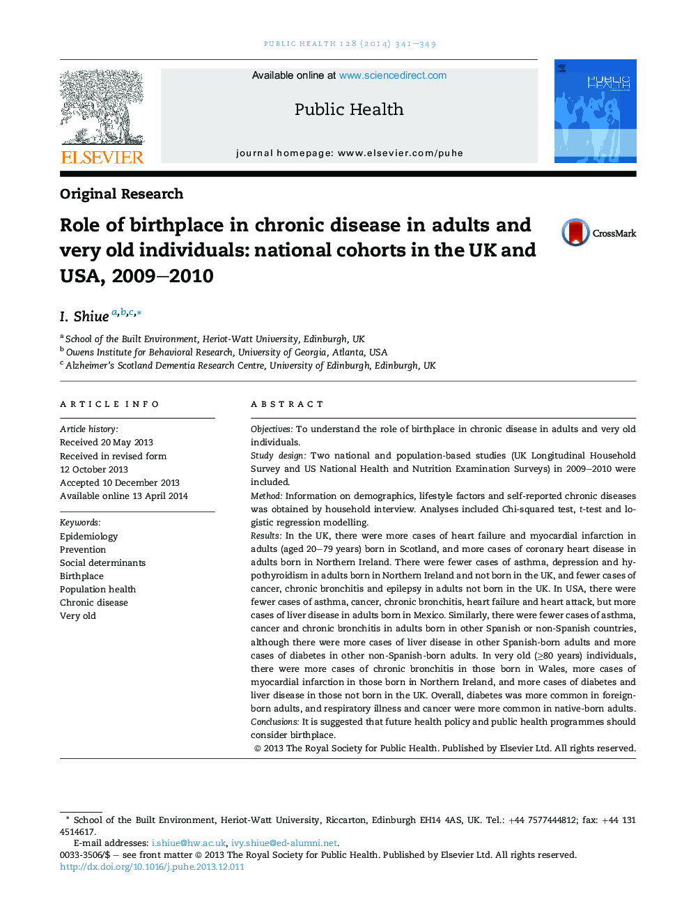 Role of birthplace in chronic disease in adults and very old individuals: national cohorts in the UK and USA, 2009-2010