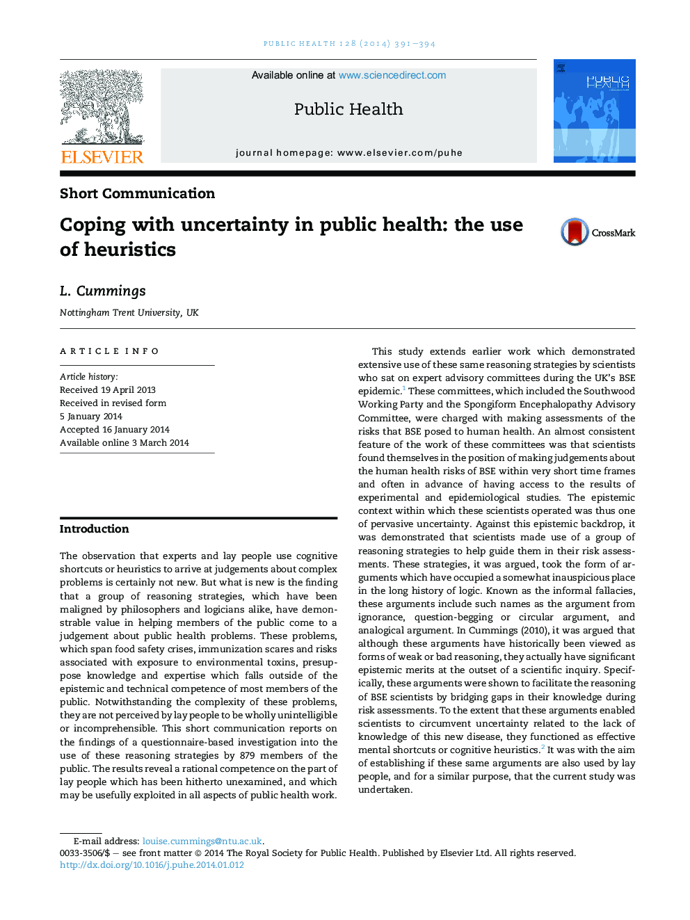 Coping with uncertainty in public health: the use of heuristics