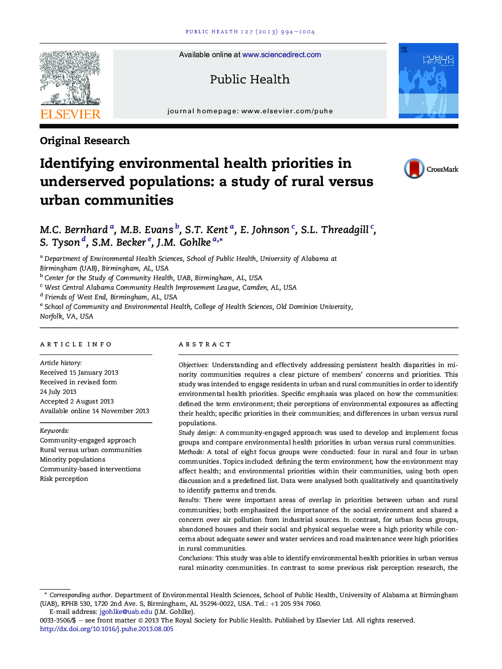 Identifying environmental health priorities in underserved populations: a study of rural versus urban communities