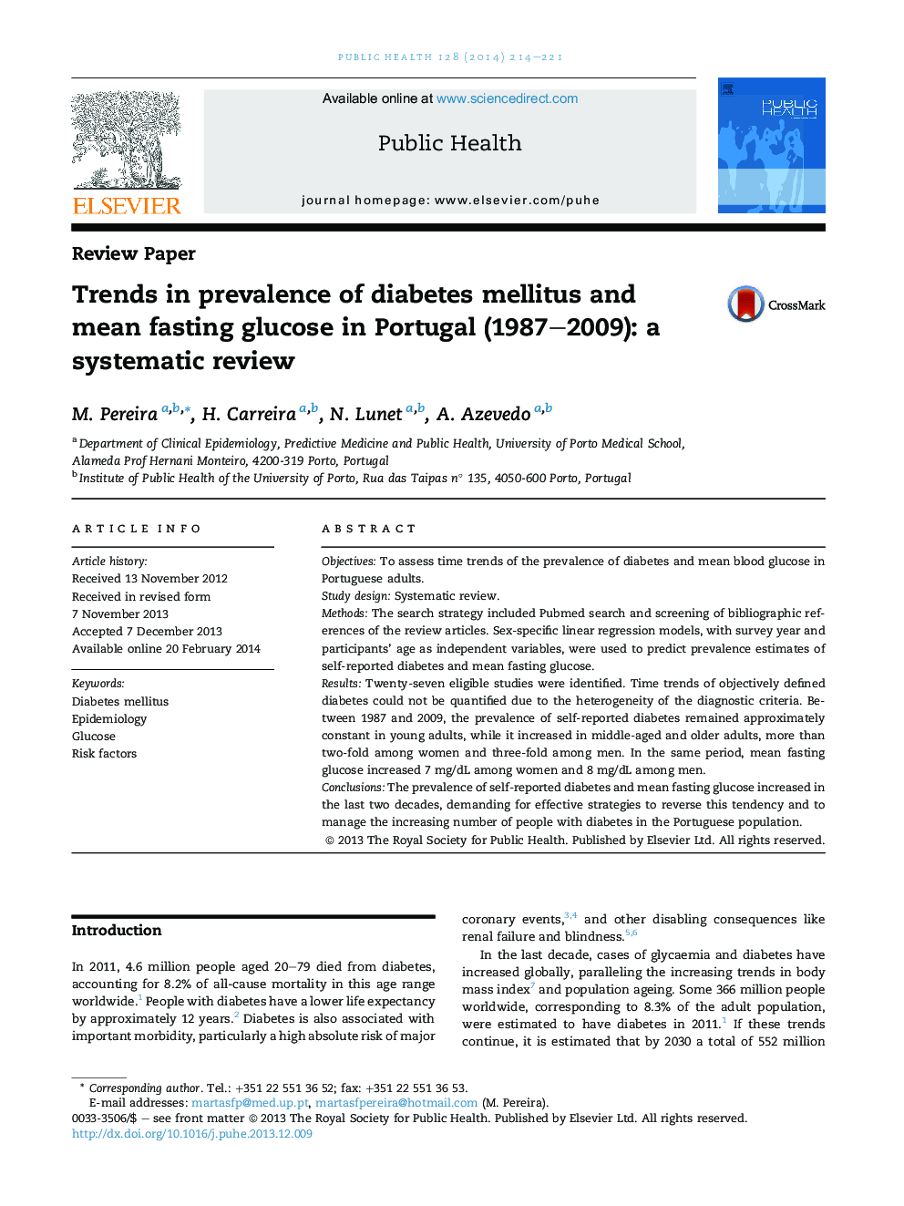 Trends in prevalence of diabetes mellitus and mean fasting glucose in Portugal (1987–2009): a systematic review