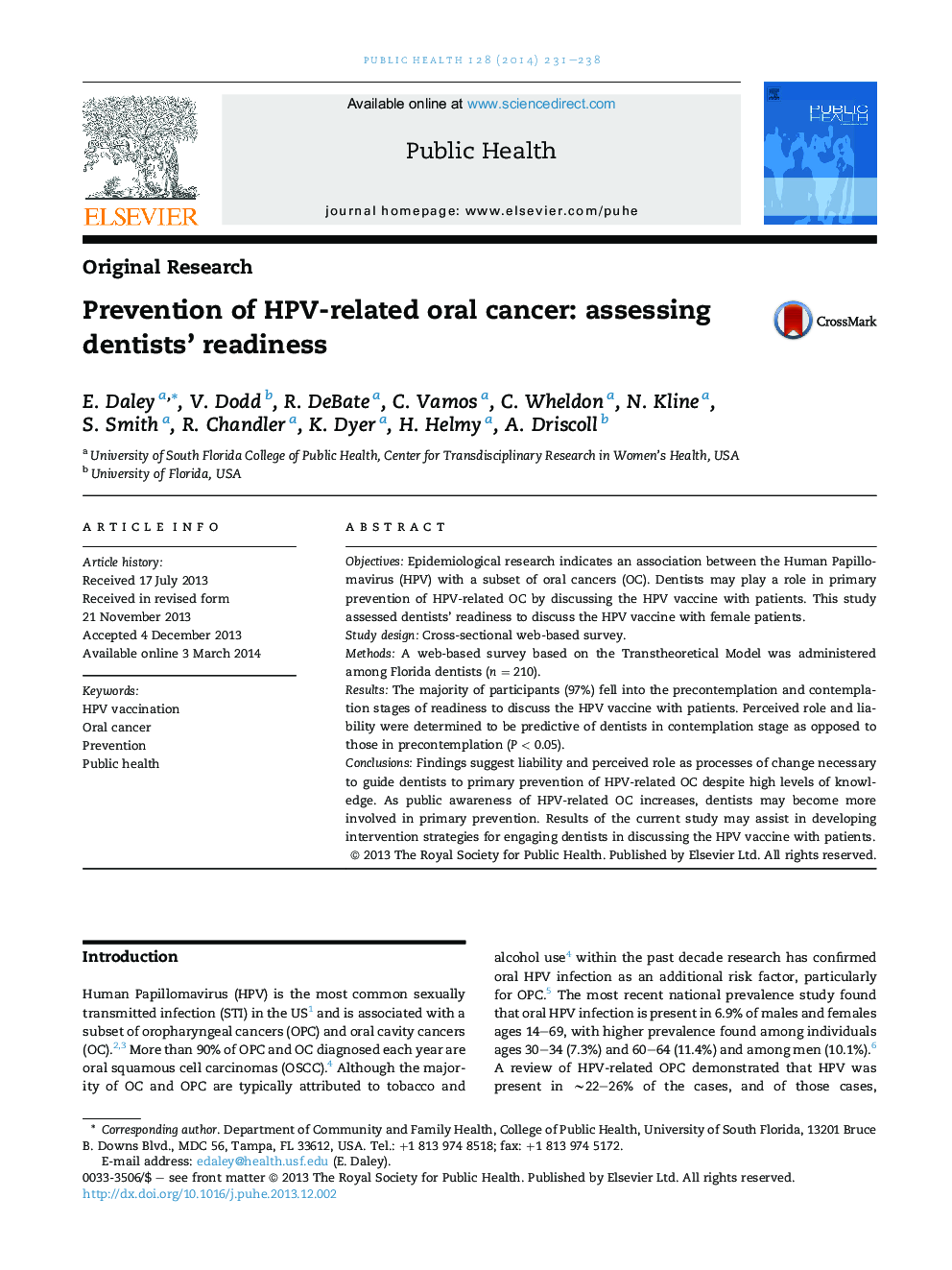 عکس صفحه اول مقاله: Prevention of HPV-related oral cancer: assessing dentists' readiness Prevention of HPV-related oral cancer: assessing dentists' readiness
