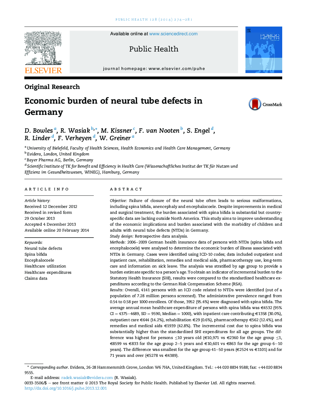 Economic burden of neural tube defects in Germany