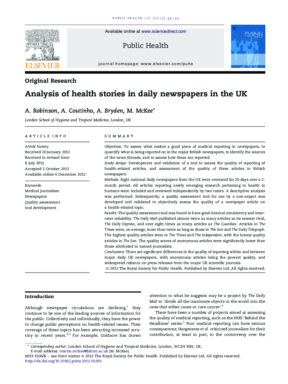 Analysis of health stories in daily newspapers in the UK