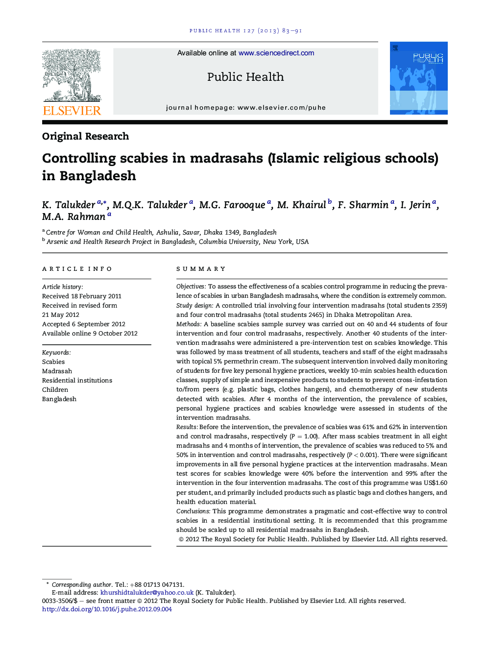 Controlling scabies in madrasahs (Islamic religious schools) in Bangladesh