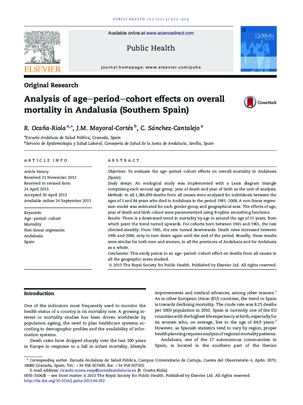 Analysis of age–period–cohort effects on overall mortality in Andalusia (Southern Spain)