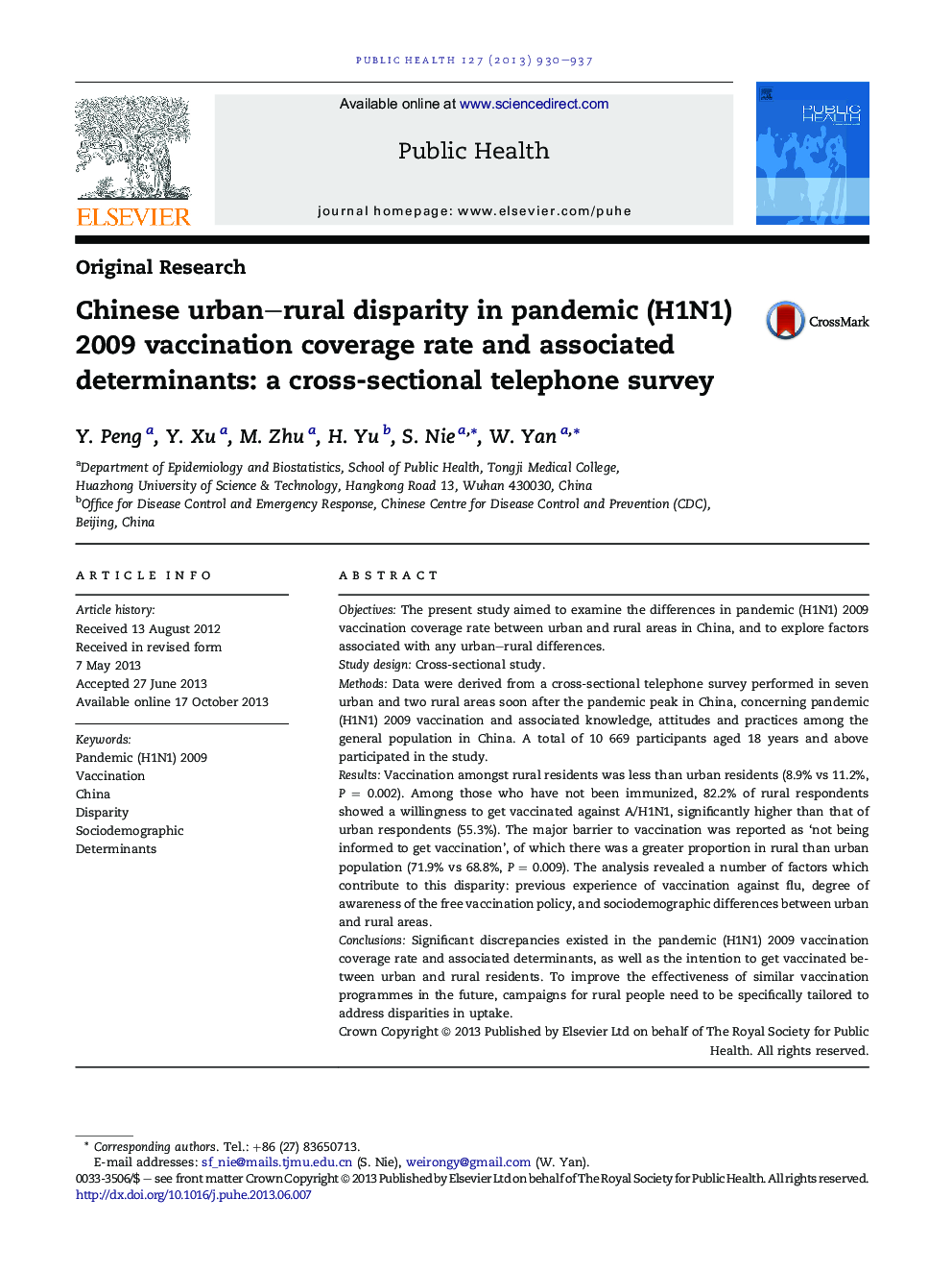 Chinese urban–rural disparity in pandemic (H1N1) 2009 vaccination coverage rate and associated determinants: a cross-sectional telephone survey