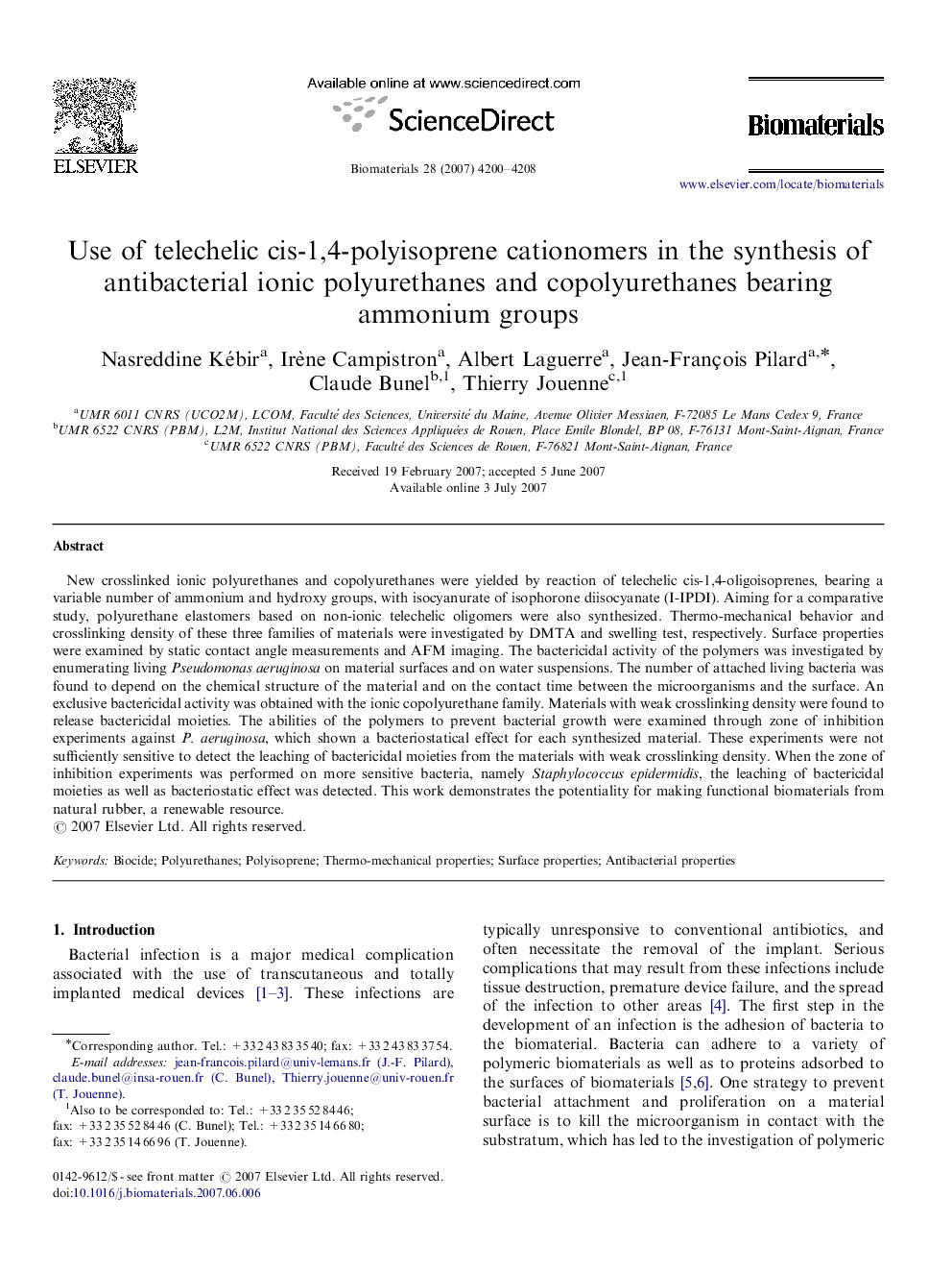 Use of telechelic cis-1,4-polyisoprene cationomers in the synthesis of antibacterial ionic polyurethanes and copolyurethanes bearing ammonium groups