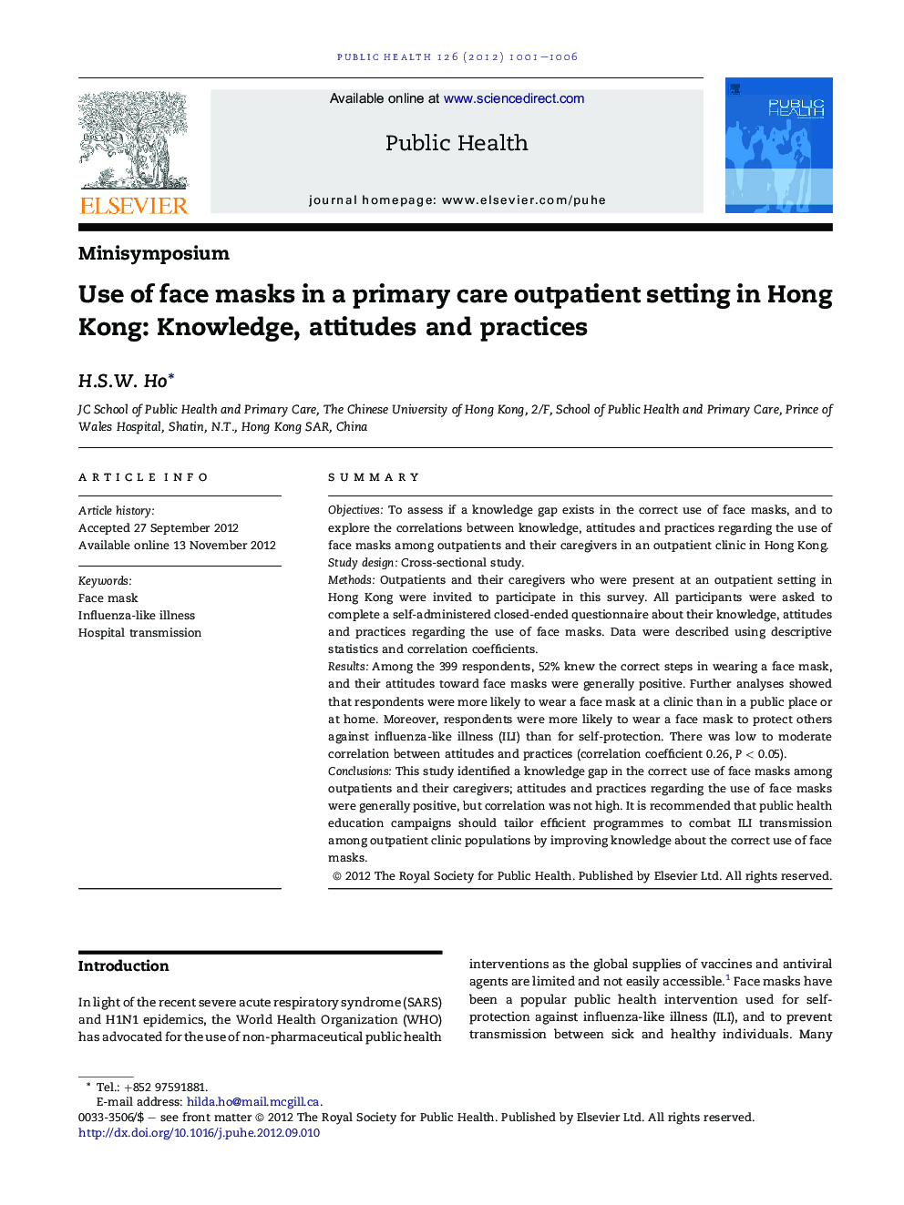 Use of face masks in a primary care outpatient setting in Hong Kong: Knowledge, attitudes and practices