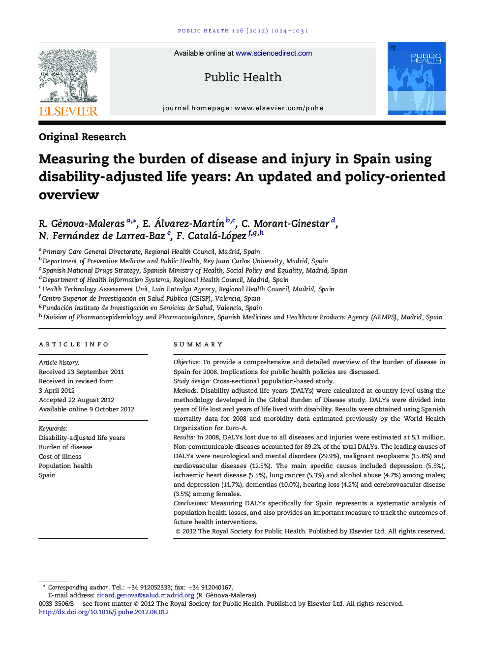 Measuring the burden of disease and injury in Spain using disability-adjusted life years: An updated and policy-oriented overview