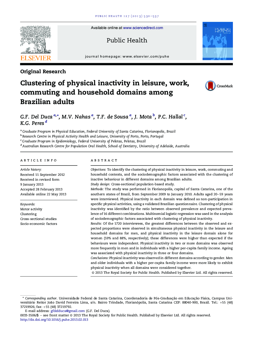 Clustering of physical inactivity in leisure, work, commuting and household domains among Brazilian adults