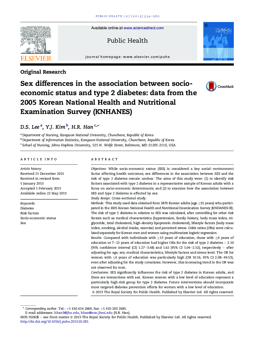 Sex differences in the association between socio-economic status and type 2 diabetes: data from the 2005 Korean National Health and Nutritional Examination Survey (KNHANES)