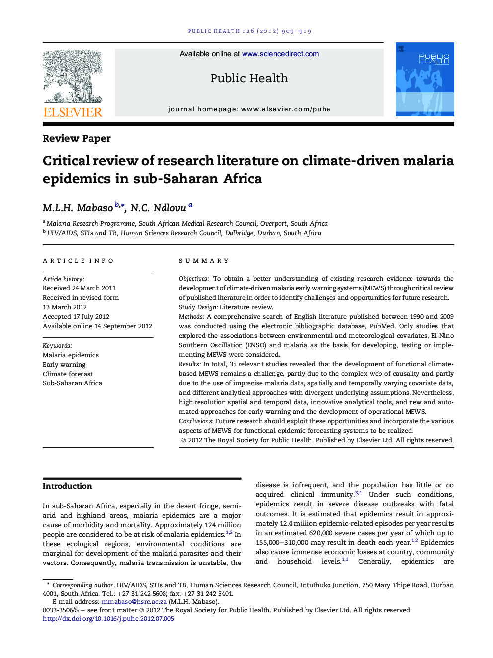 Critical review of research literature on climate-driven malaria epidemics in sub-Saharan Africa
