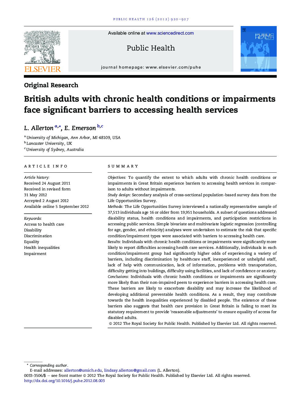 British adults with chronic health conditions or impairments face significant barriers to accessing health services