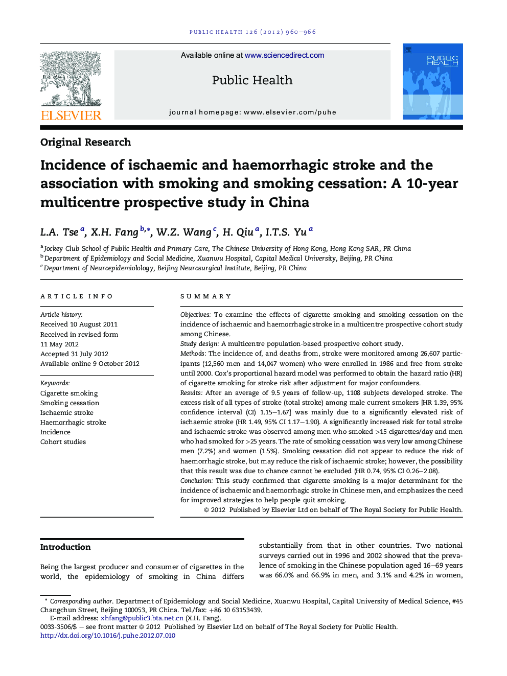 Incidence of ischaemic and haemorrhagic stroke and the association with smoking and smoking cessation: A 10-year multicentre prospective study in China