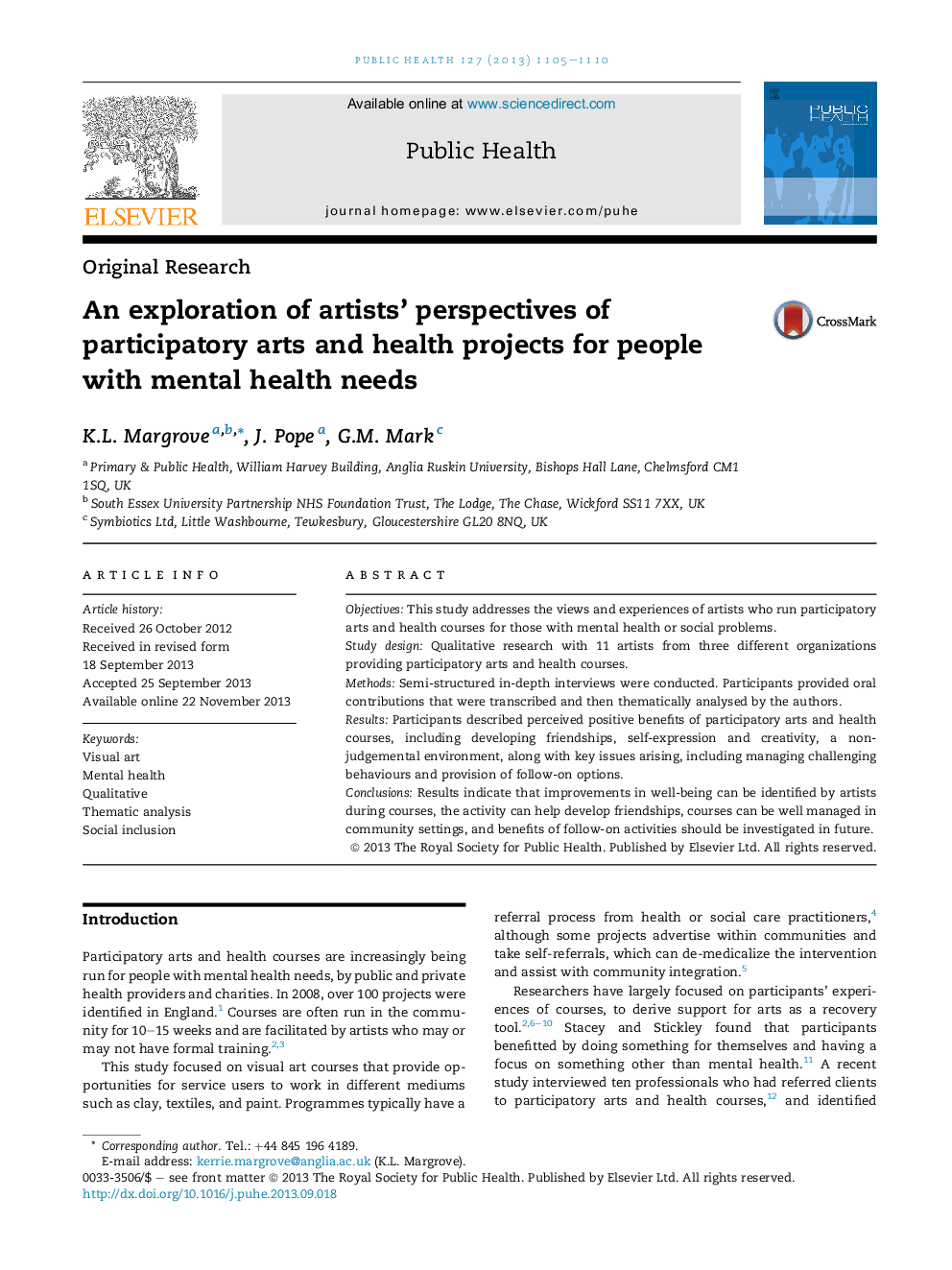 An exploration of artists' perspectives of participatory arts and health projects for people with mental health needs