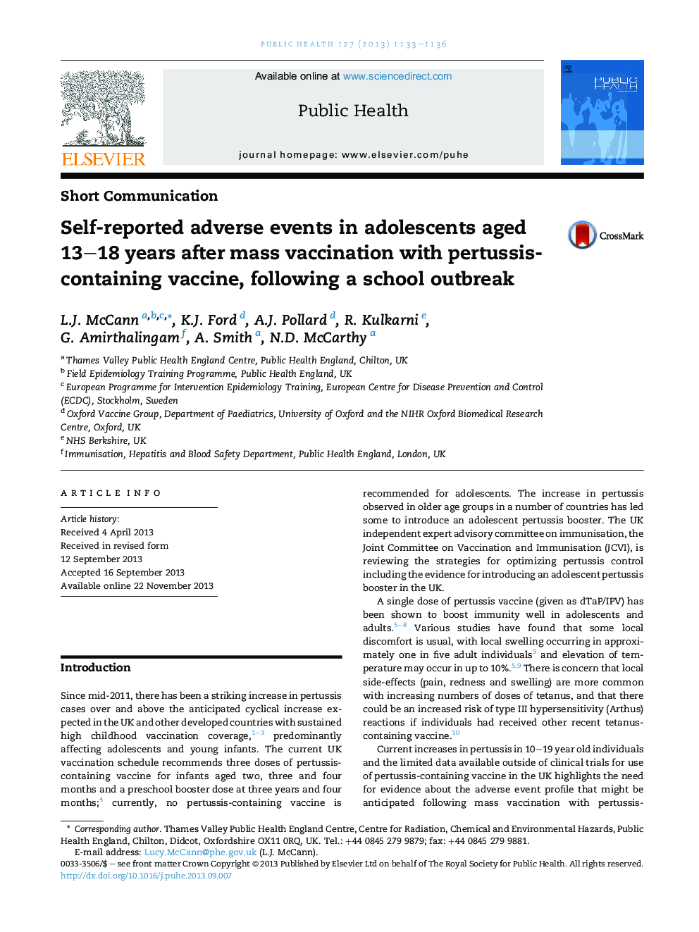Self-reported adverse events in adolescents aged 13-18 years after mass vaccination with pertussis-containing vaccine, following a school outbreak