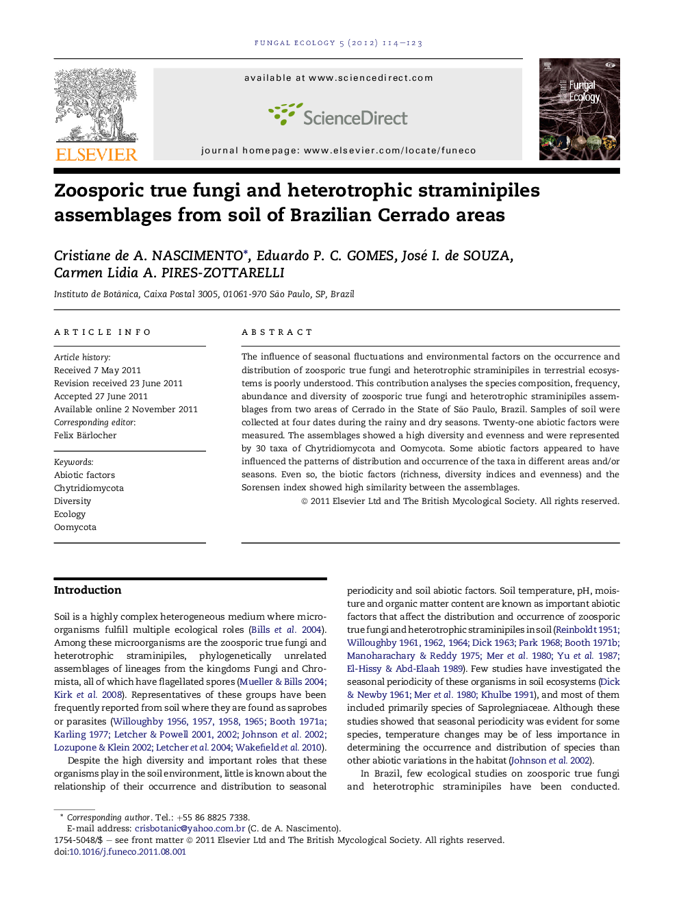 Zoosporic true fungi and heterotrophic straminipiles assemblages from soil of Brazilian Cerrado areas