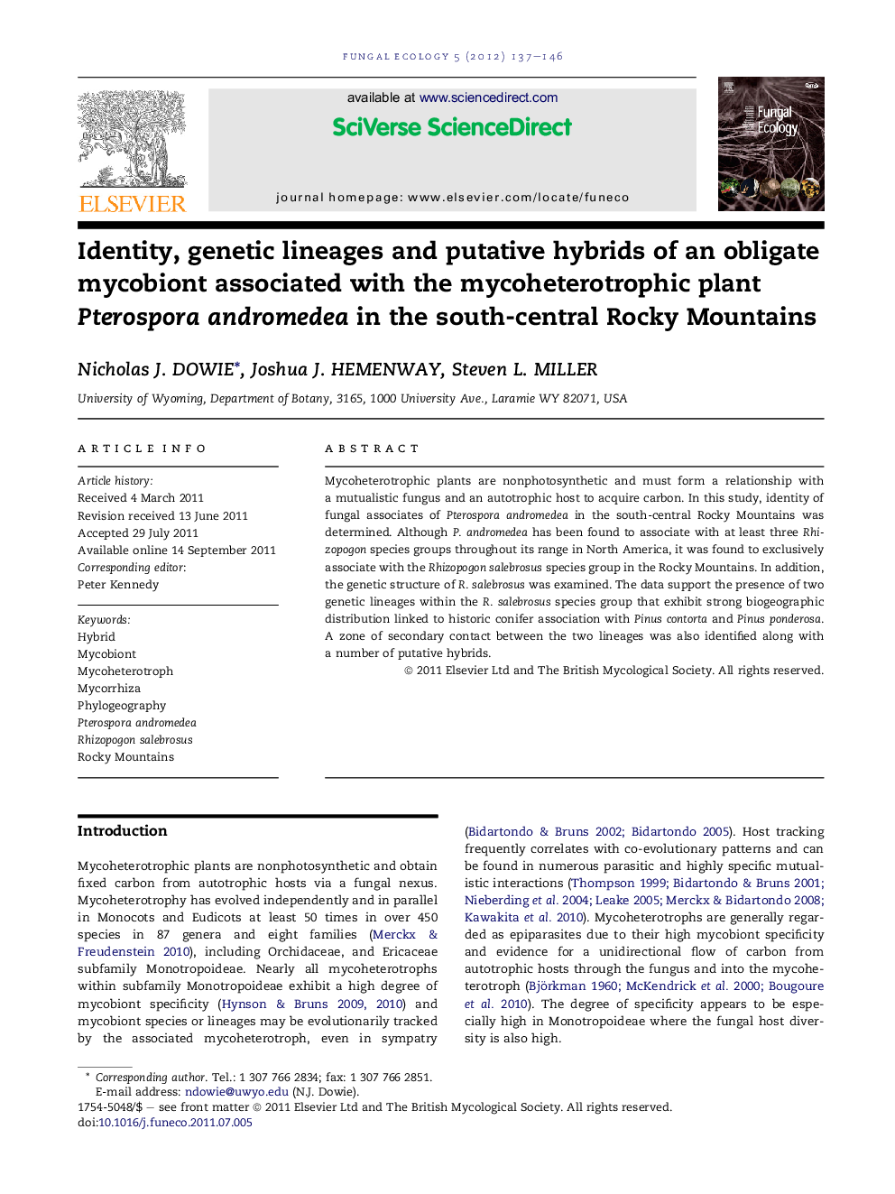 Identity, genetic lineages and putative hybrids of an obligate mycobiont associated with the mycoheterotrophic plant Pterospora andromedea in the south-central Rocky Mountains