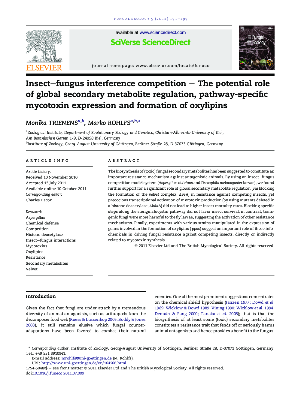 Insect-fungus interference competition - The potential role of global secondary metabolite regulation, pathway-specific mycotoxin expression and formation of oxylipins