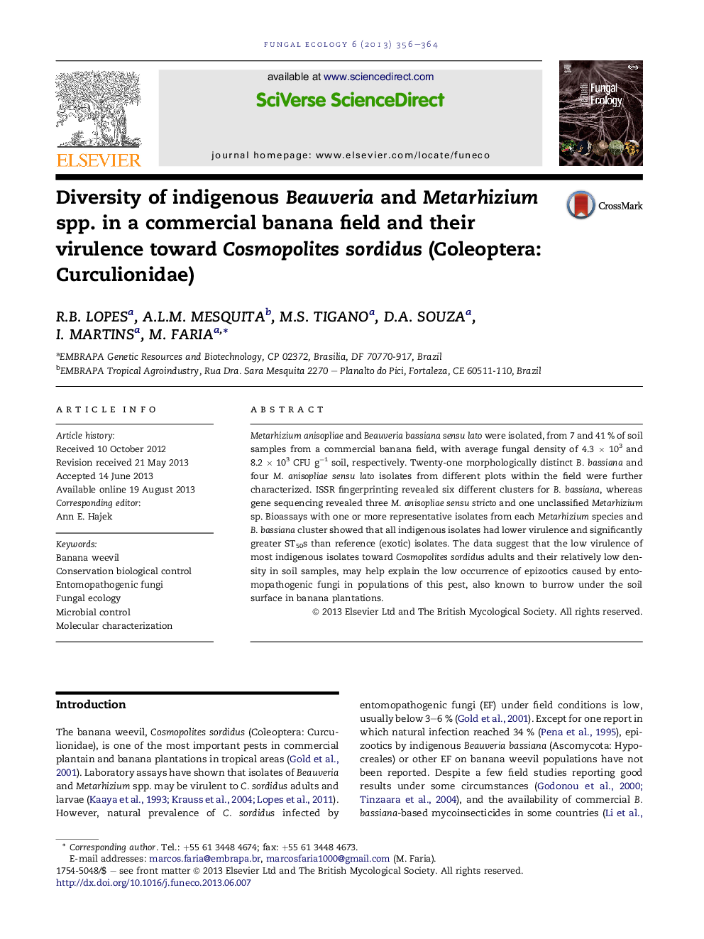 Diversity of indigenous Beauveria and Metarhizium spp. in a commercial banana field and their virulence toward Cosmopolites sordidus (Coleoptera: Curculionidae)