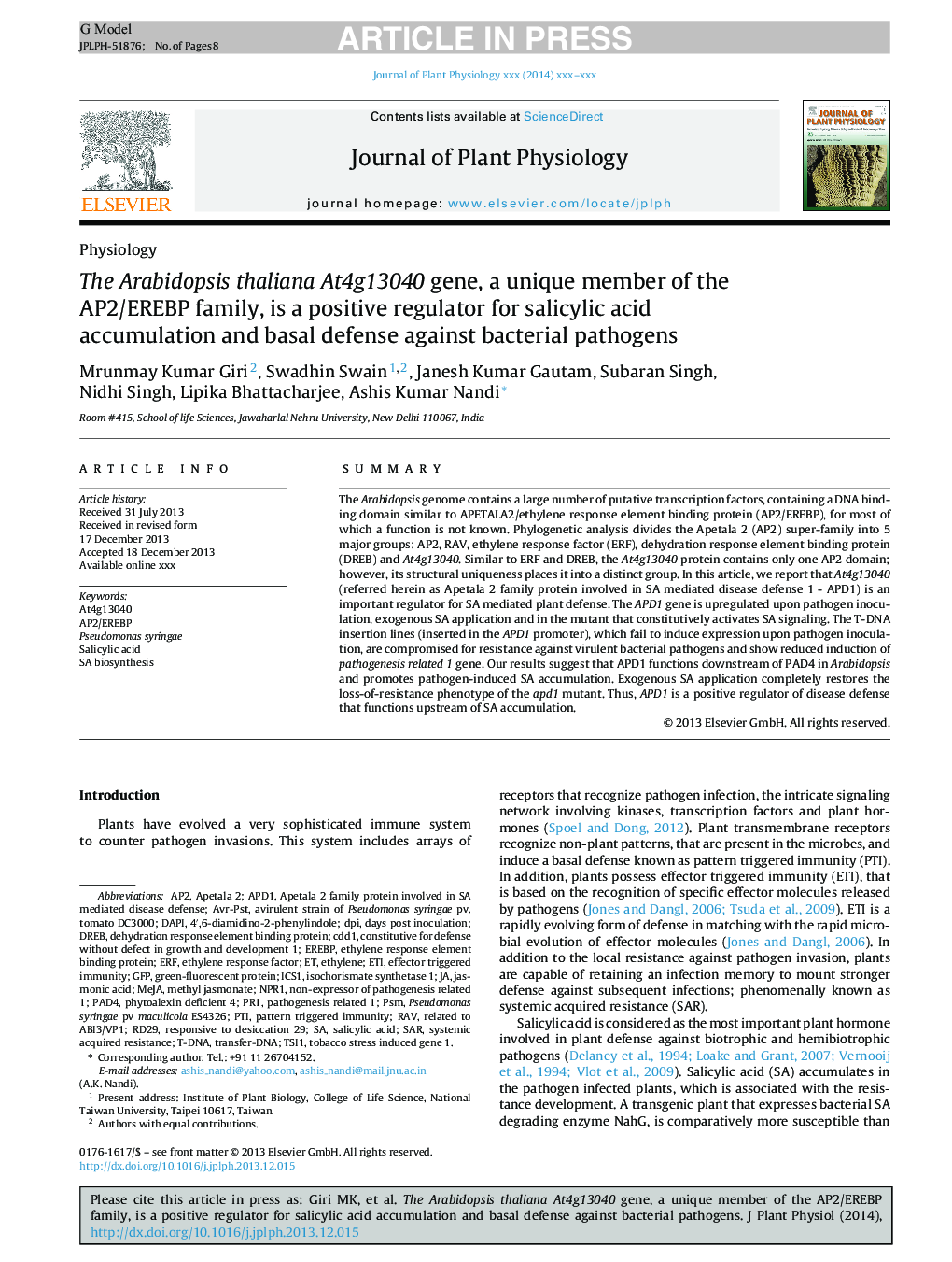 The Arabidopsis thaliana At4g13040 gene, a unique member of the AP2/EREBP family, is a positive regulator for salicylic acid accumulation and basal defense against bacterial pathogens