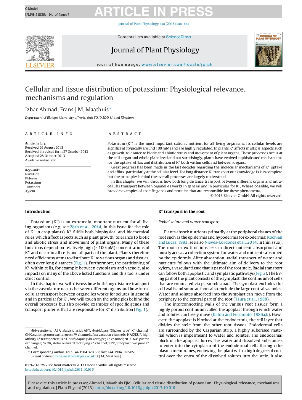 Cellular and tissue distribution of potassium: Physiological relevance, mechanisms and regulation