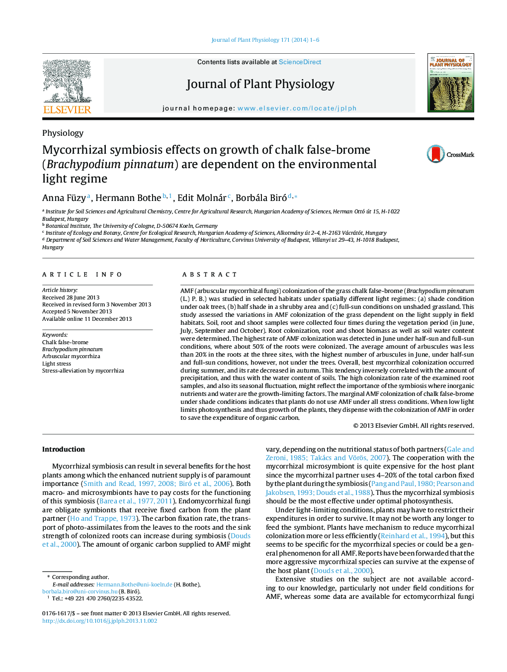 Mycorrhizal symbiosis effects on growth of chalk false-brome (Brachypodium pinnatum) are dependent on the environmental light regime