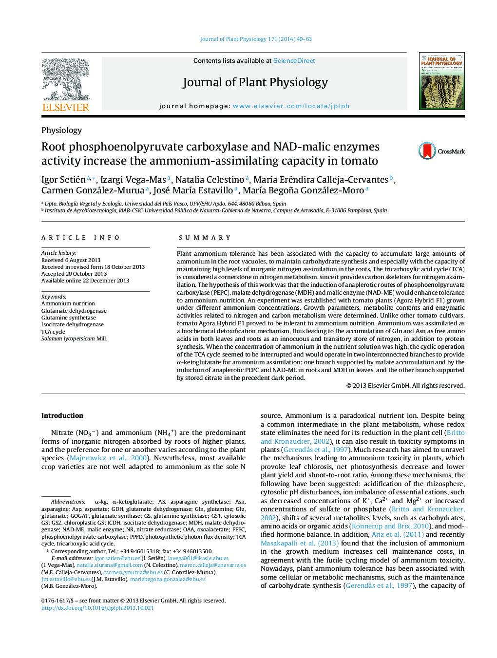 Root phosphoenolpyruvate carboxylase and NAD-malic enzymes activity increase the ammonium-assimilating capacity in tomato