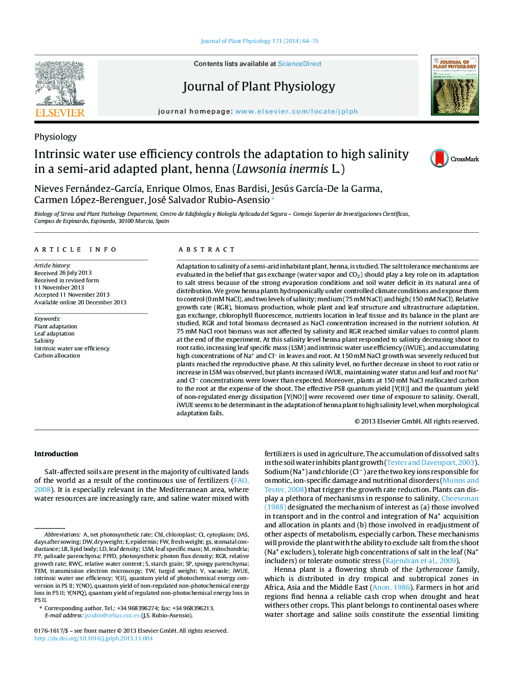 Intrinsic water use efficiency controls the adaptation to high salinity in a semi-arid adapted plant, henna (Lawsonia inermis L.)