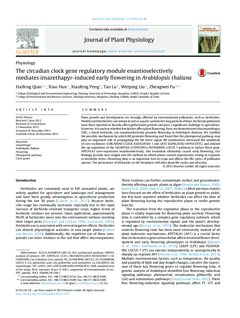 The circadian clock gene regulatory module enantioselectively mediates imazethapyr-induced early flowering in Arabidopsis thaliana