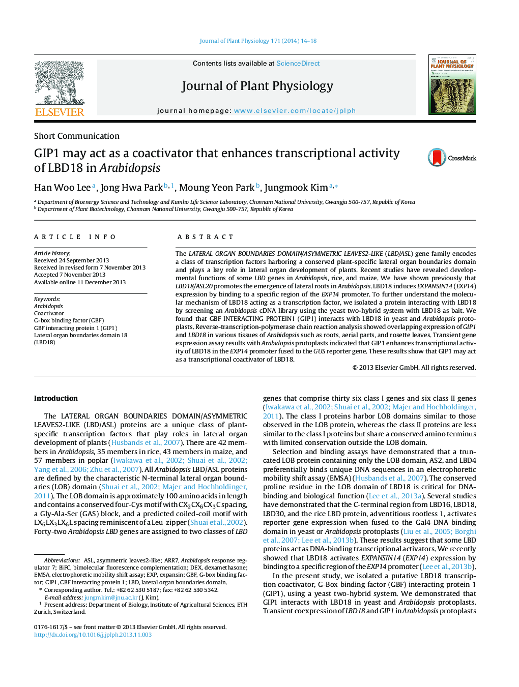 GIP1 may act as a coactivator that enhances transcriptional activity of LBD18 in Arabidopsis