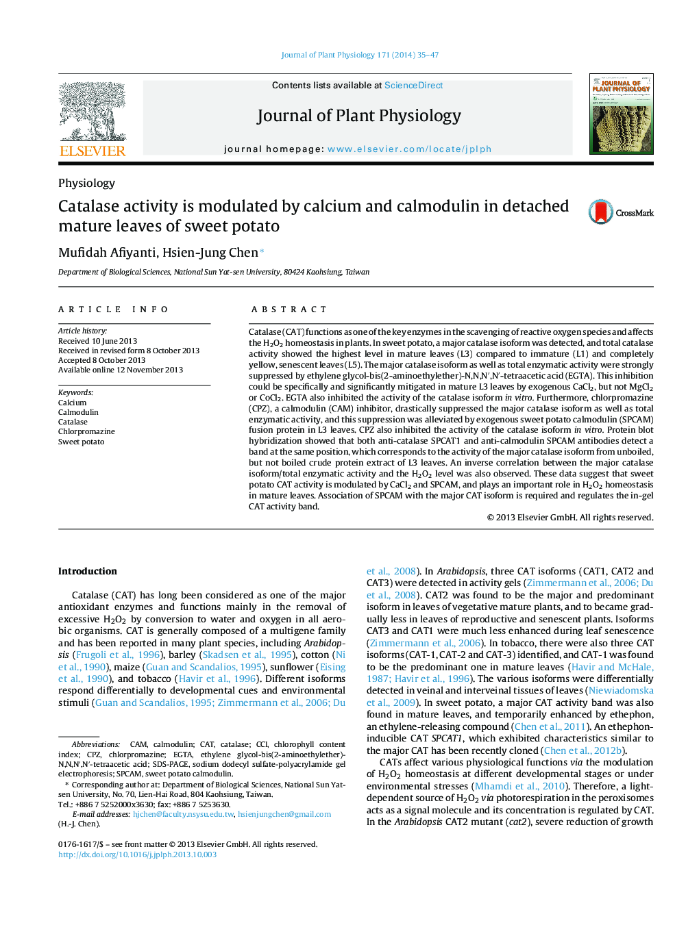 Catalase activity is modulated by calcium and calmodulin in detached mature leaves of sweet potato