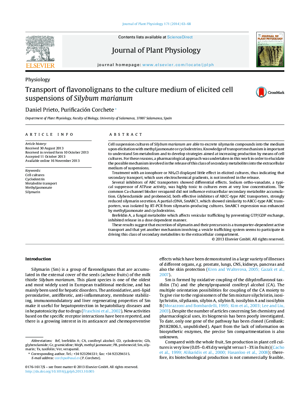 Transport of flavonolignans to the culture medium of elicited cell suspensions of Silybum marianum