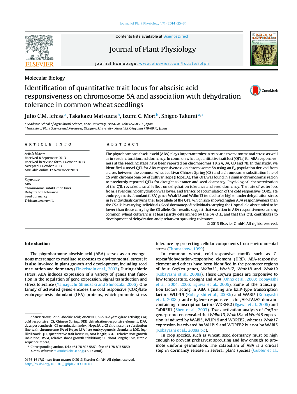 Identification of quantitative trait locus for abscisic acid responsiveness on chromosome 5A and association with dehydration tolerance in common wheat seedlings