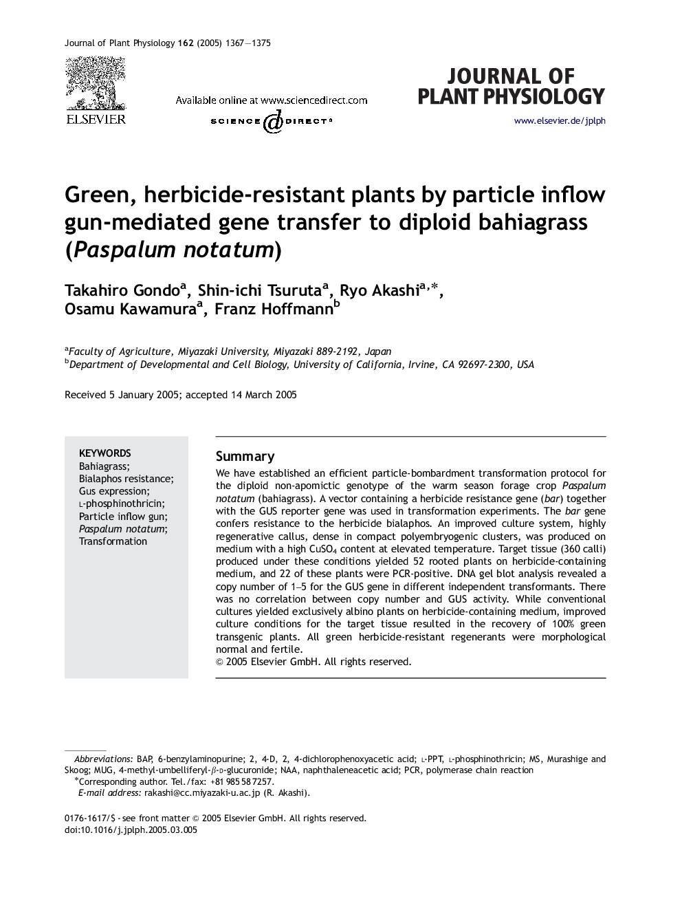 Green, herbicide-resistant plants by particle inflow gun-mediated gene transfer to diploid bahiagrass (Paspalum notatum)