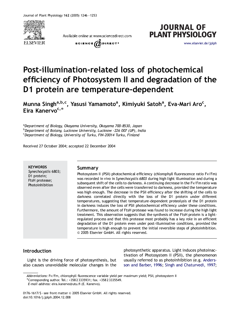 Post-illumination-related loss of photochemical efficiency of Photosystem II and degradation of the D1 protein are temperature-dependent