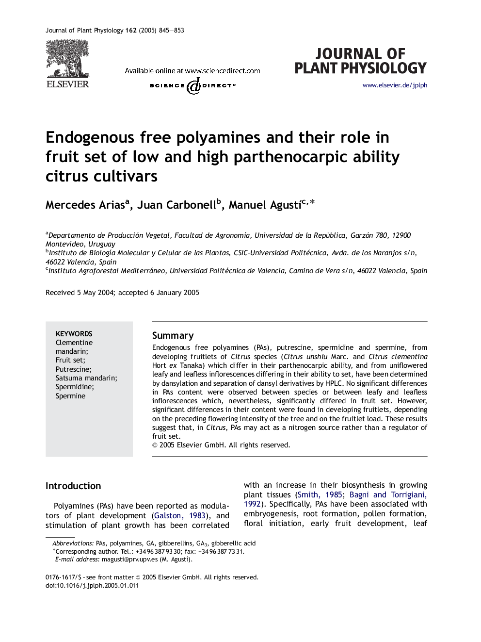 Endogenous free polyamines and their role in fruit set of low and high parthenocarpic ability citrus cultivars