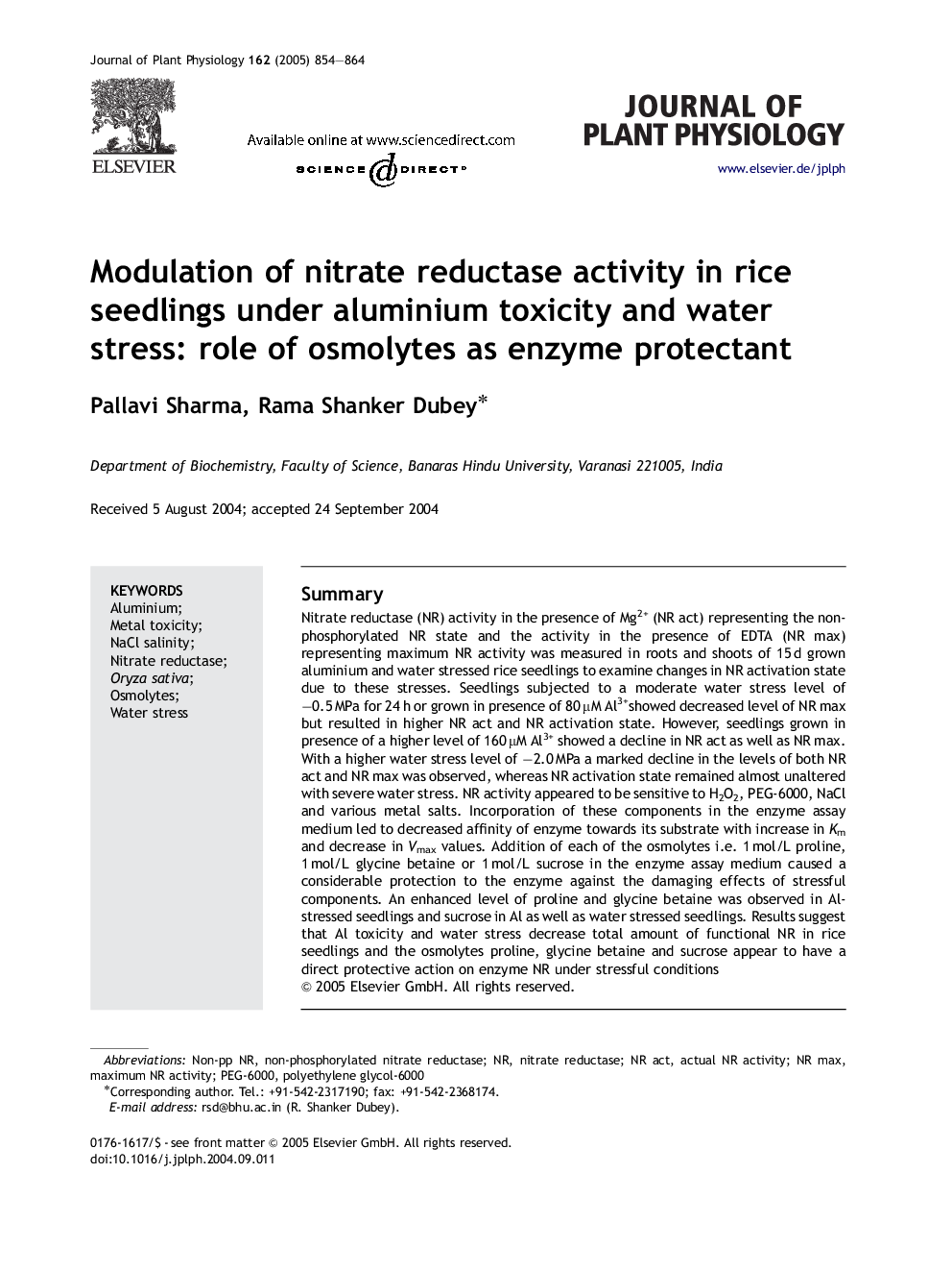 Modulation of nitrate reductase activity in rice seedlings under aluminium toxicity and water stress: role of osmolytes as enzyme protectant