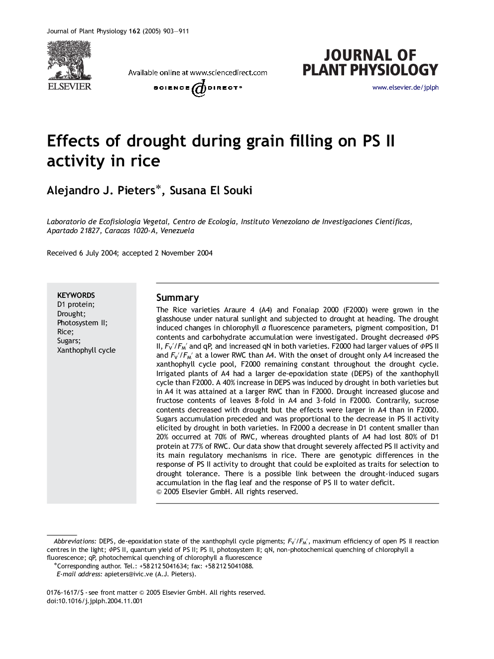 Effects of drought during grain filling on PS II activity in rice