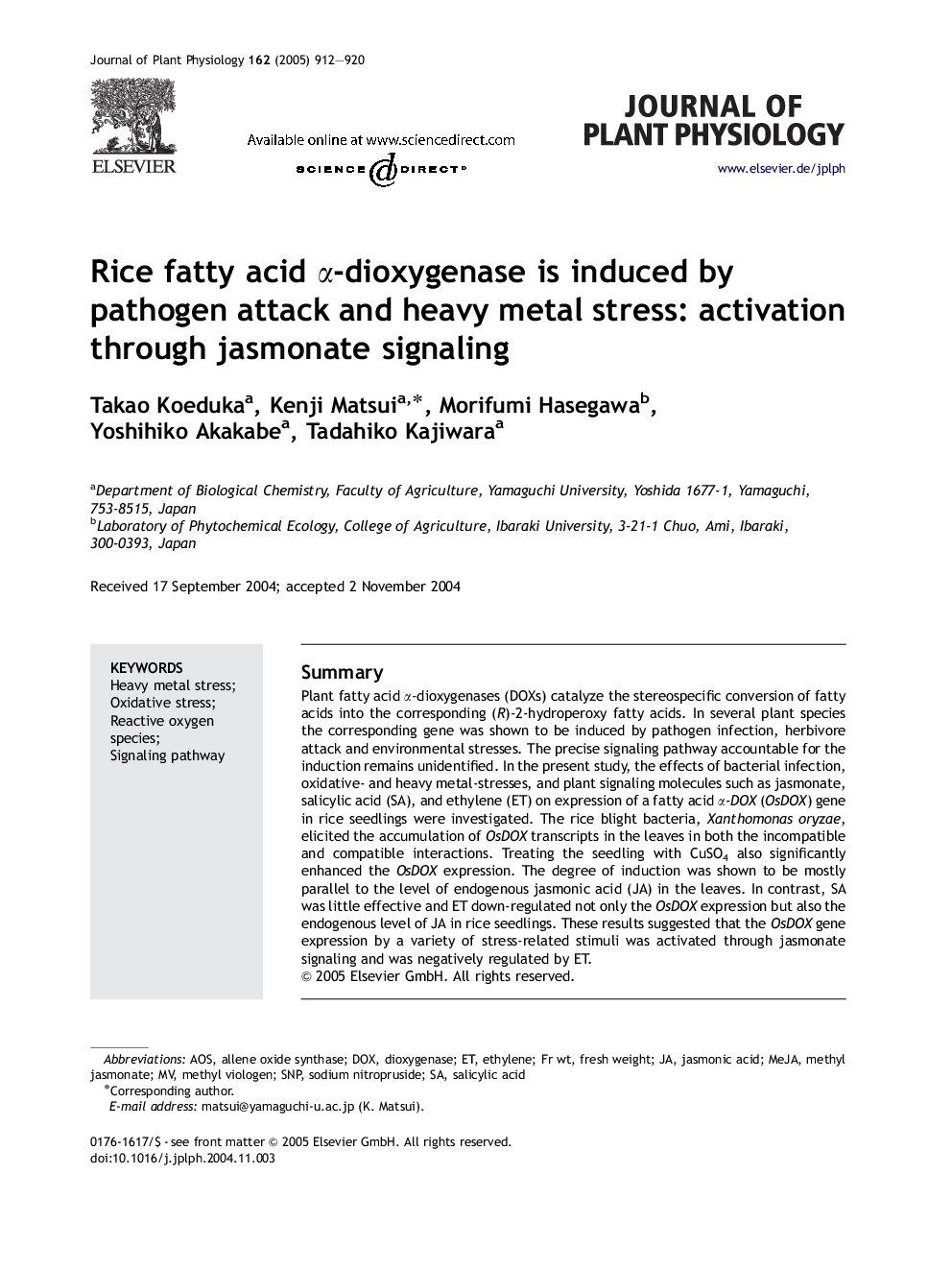 Rice fatty acid Î±-dioxygenase is induced by pathogen attack and heavy metal stress: activation through jasmonate signaling