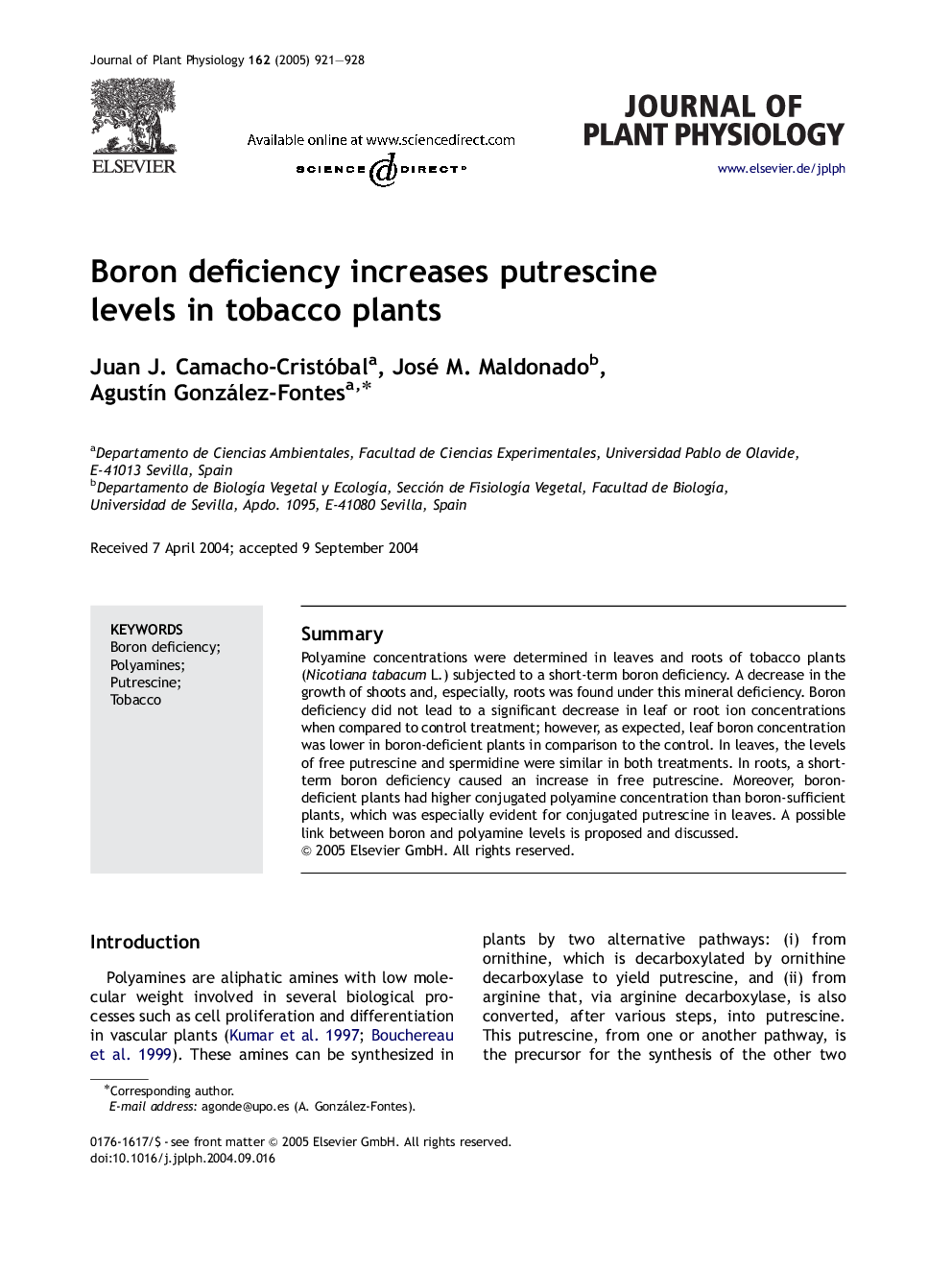 Boron deficiency increases putrescine levels in tobacco plants