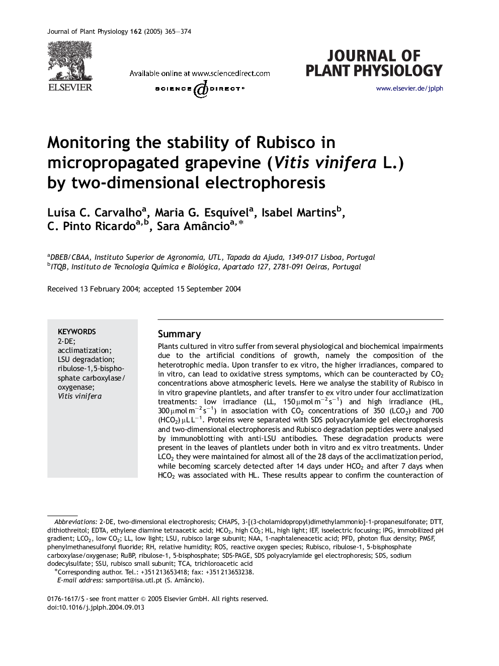 Monitoring the stability of Rubisco in micropropagated grapevine (Vitis vinifera L.) by two-dimensional electrophoresis