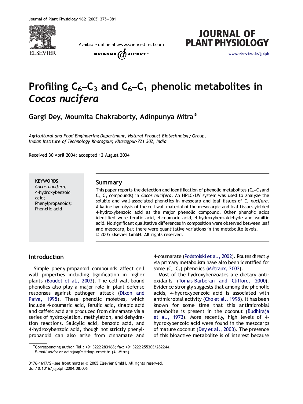 Profiling C6-C3 and C6-C1 phenolic metabolites in Cocos nucifera