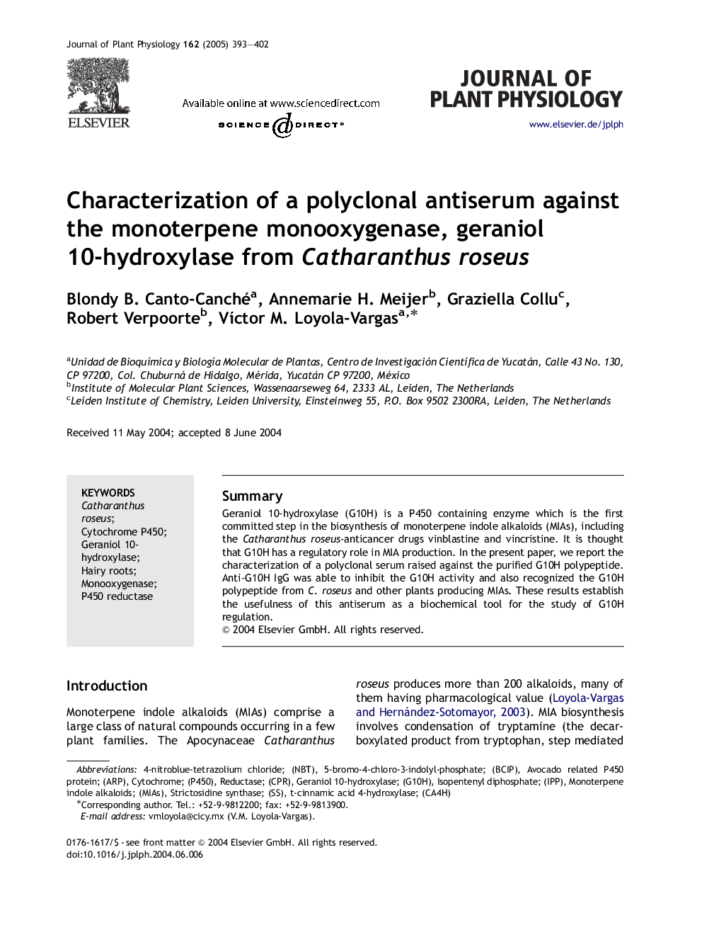 Characterization of a polyclonal antiserum against the monoterpene monooxygenase, geraniol 10-hydroxylase from Catharanthus roseus