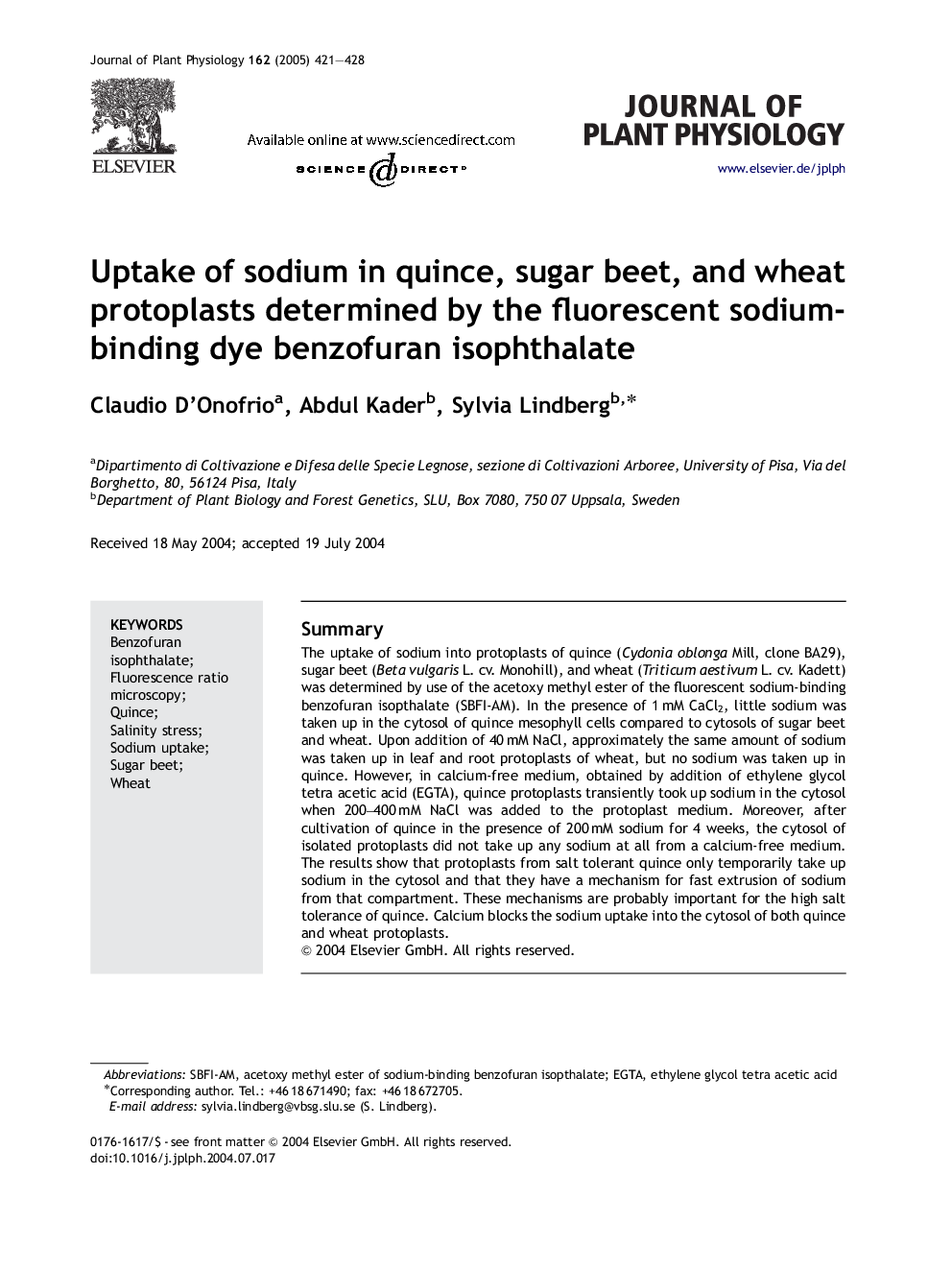 Uptake of sodium in quince, sugar beet, and wheat protoplasts determined by the fluorescent sodium-binding dye benzofuran isophthalate