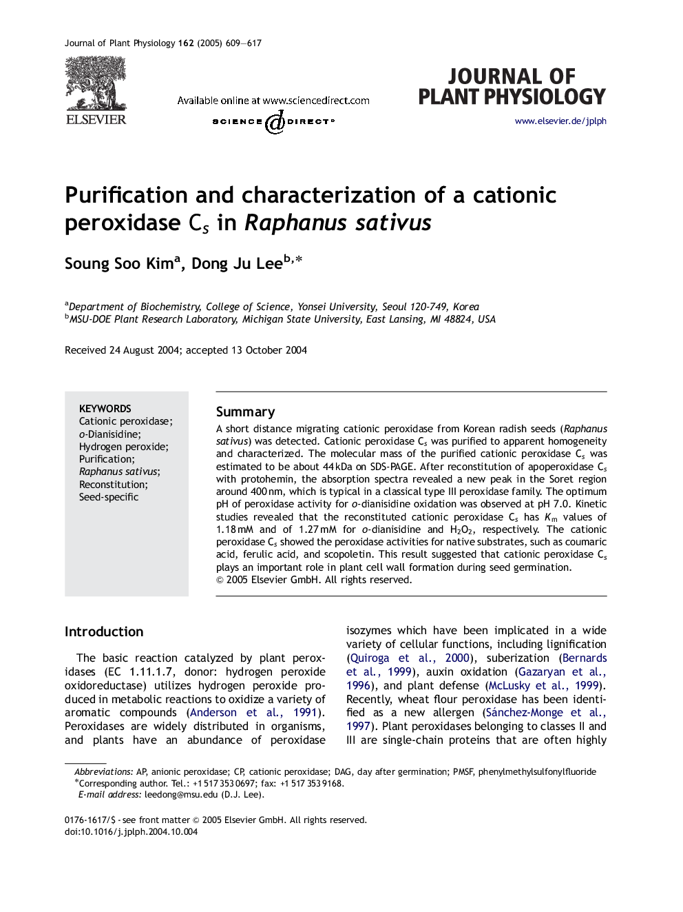 Purification and characterization of a cationic peroxidase Cs in Raphanus sativus